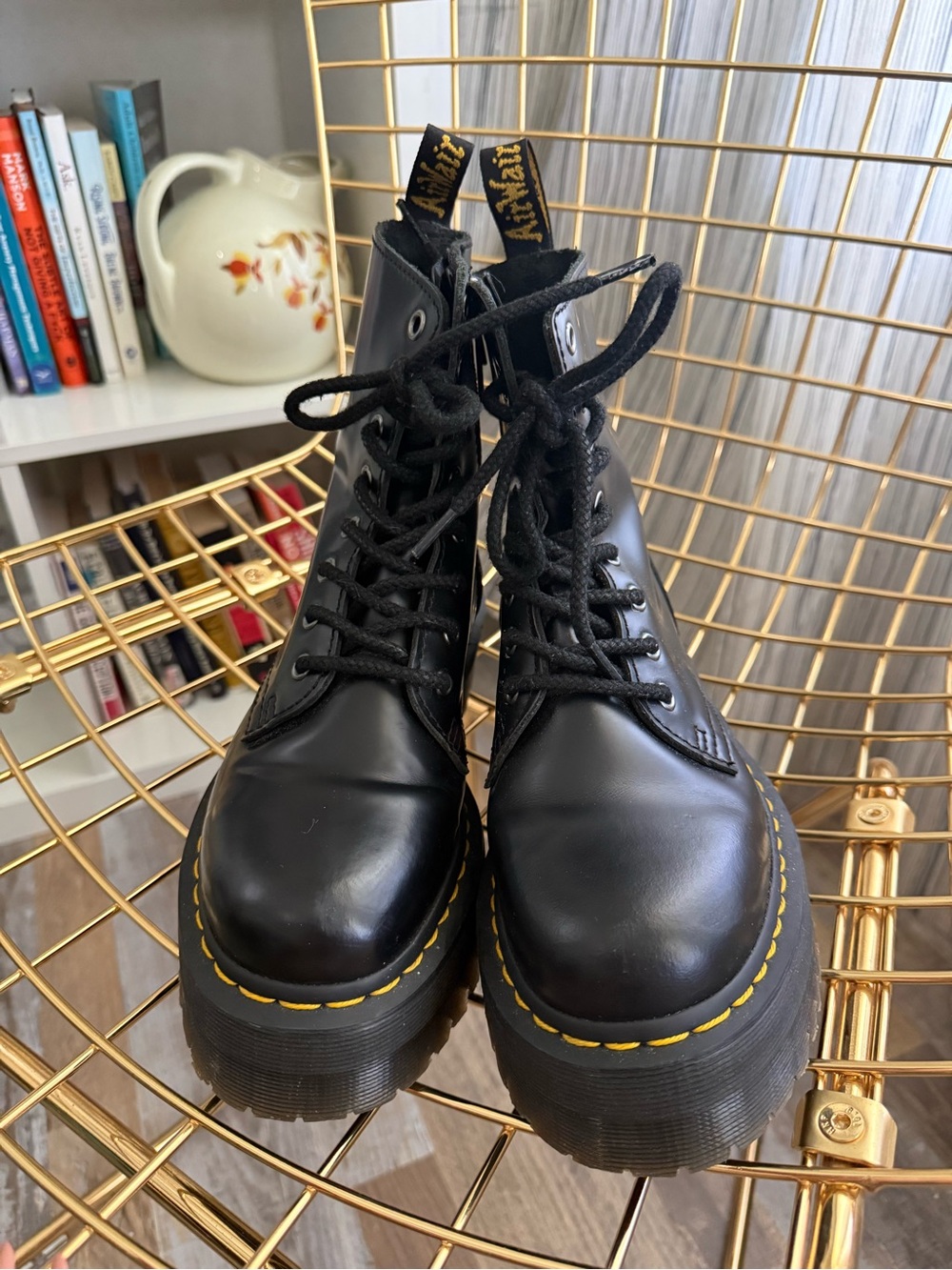 Dr. Martens Black Platform Combat Boots with Yellow Stitching - Picture 4 of 4